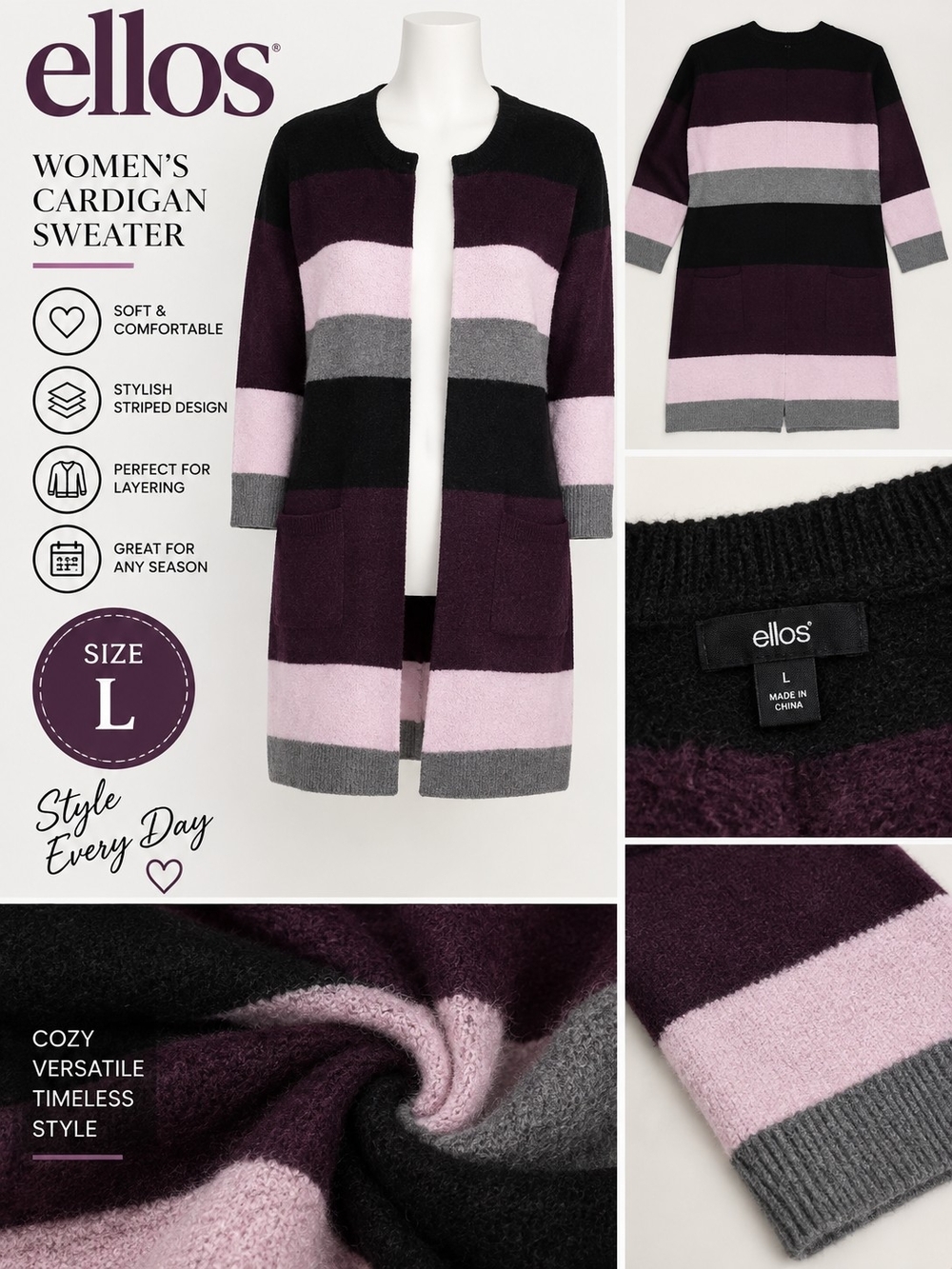 Ellos women's large purple striped cardigan sweater #33